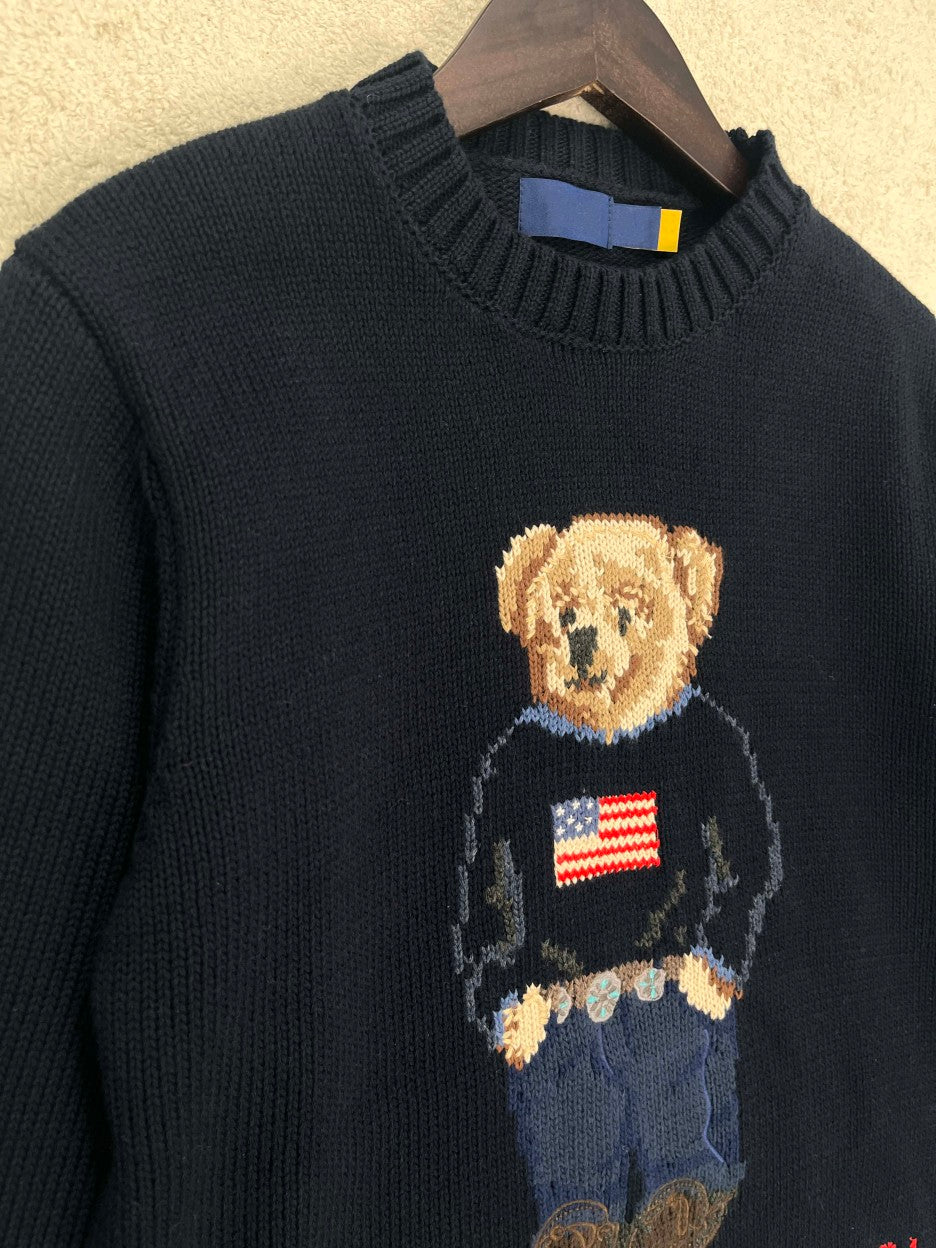 Pull à col rond avec ours RL et drapeau