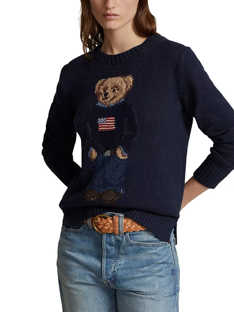 Pull à col rond avec ours RL et drapeau